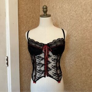 VTG 90s Black & Red Lace Sheer Floral Lingerie Corset Bustier Top